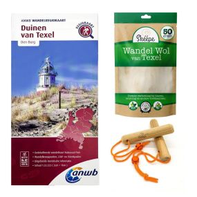 Texel-Wanderpaket mit ANWB-Wanderkarte, Wanderwolle und Wanderstöcken.